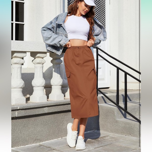 Midi Cargo Skirt with Multiple Pockets Adjustable Drawstring waist,  Back Split - Picture 4 of 5